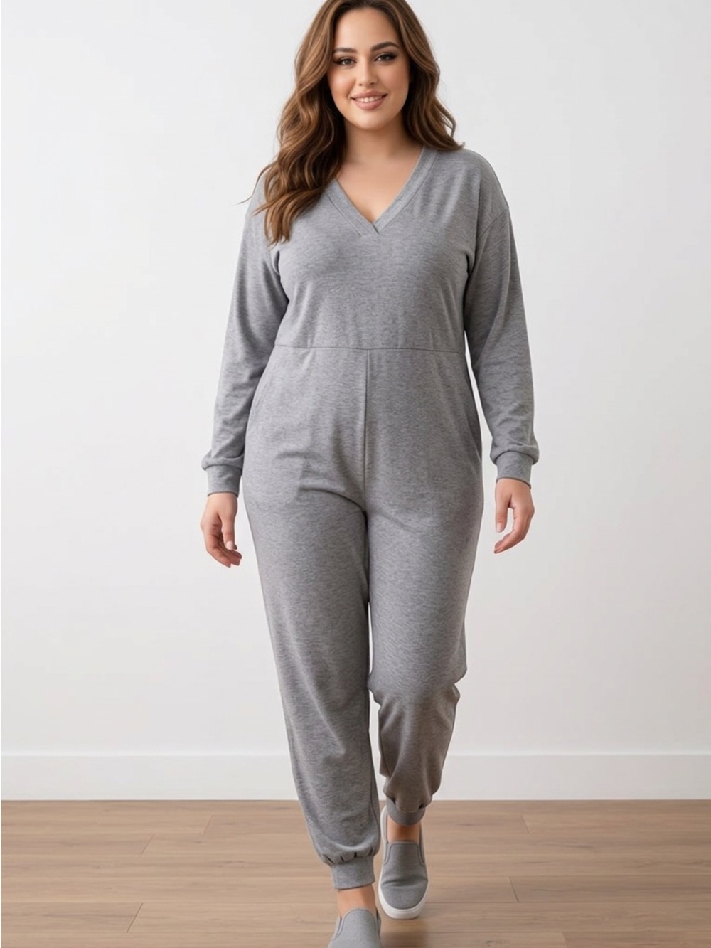 SHEIN Gray V-Neck Long Sleeve Jumpsuit